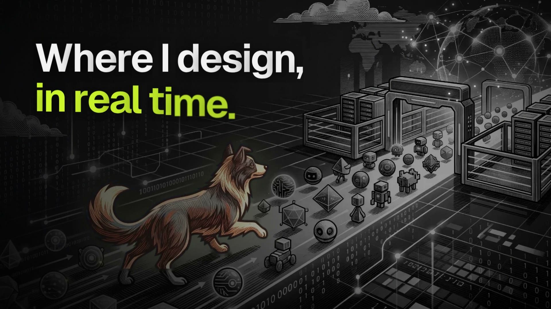 Frame from the Nodal-Agents film: the line Where I design, in real time. over the illustration of the dog guiding the agents.